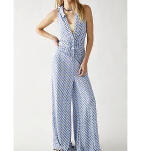 Free People Shayla Collared Retro V-Neck Racer Back Wide Leg Halter Jumpsuit
